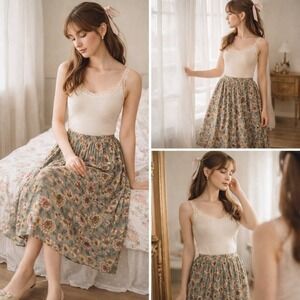 Vintage Petite Pleated Floral Midi Skirt Pink Sunflower Green Large